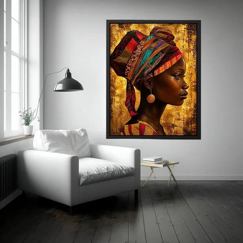 Elegant profile in vibrant headwrap