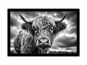 Highland cow in a stormy field