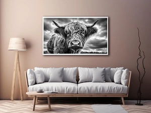 Highland cow in a stormy field