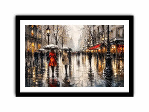 A rainy boulevard with warm lights