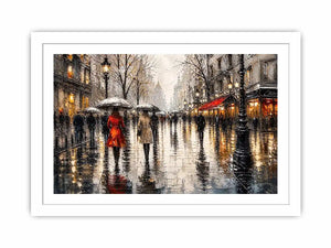 A rainy boulevard with warm lights