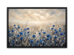 Blue wildflowers in a foggy field