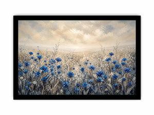 Blue wildflowers in a foggy field