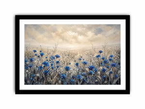 Blue wildflowers in a foggy field