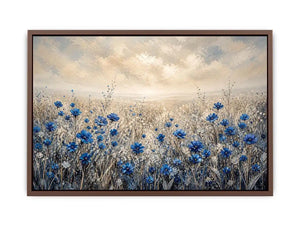 Blue wildflowers in a foggy field