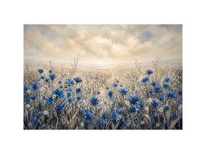Blue wildflowers in a foggy field