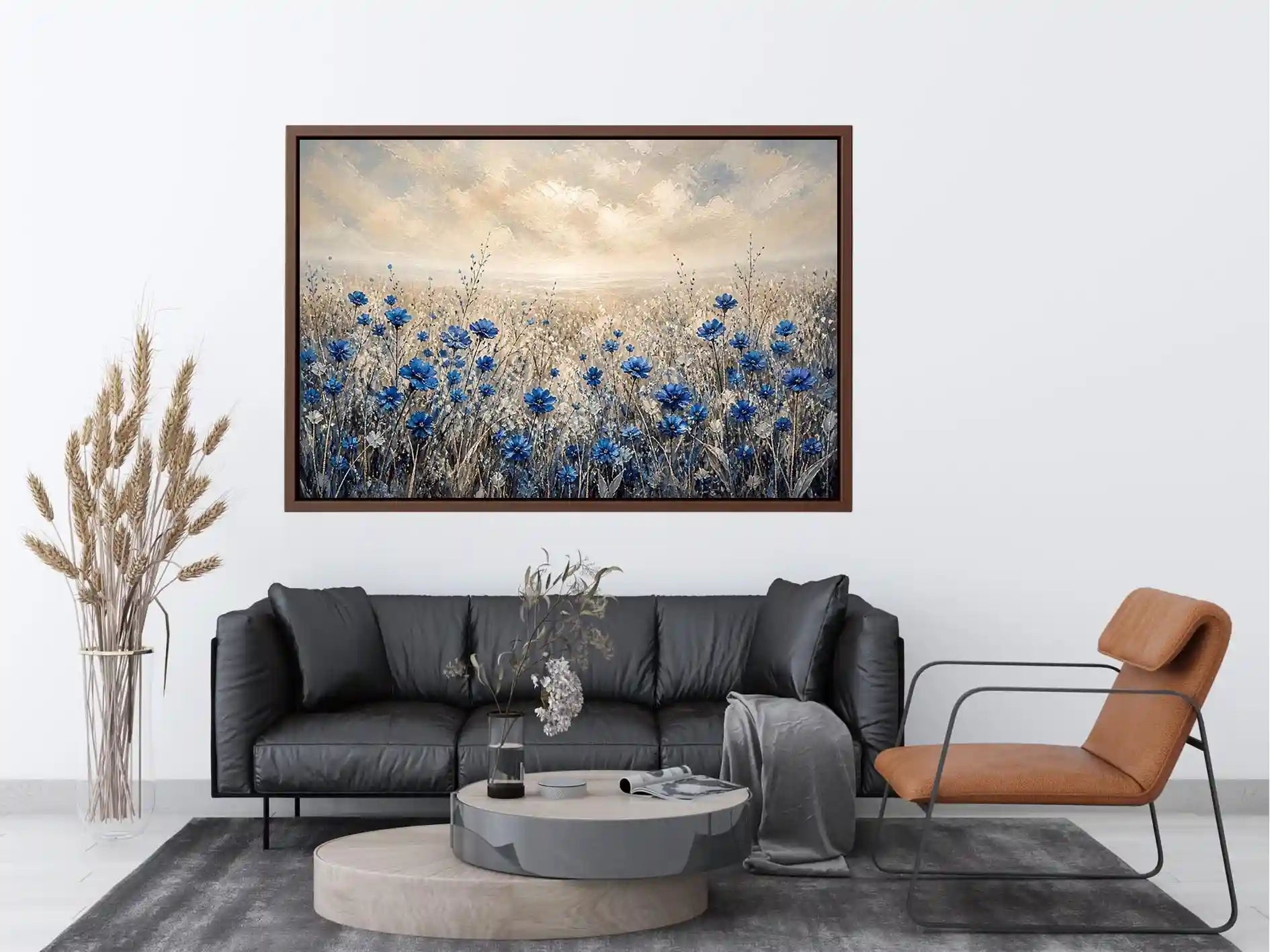 Blue wildflowers in a foggy field
