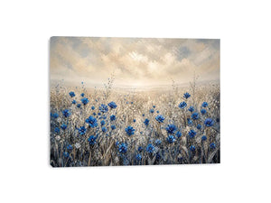 Blue wildflowers in a foggy field