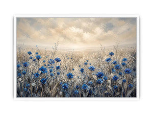 Blue wildflowers in a foggy field