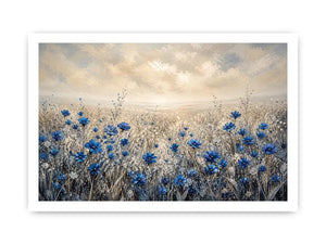 Blue wildflowers in a foggy field