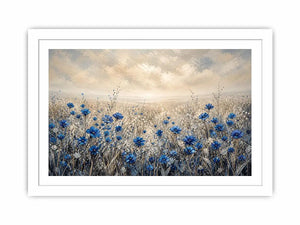 Blue wildflowers in a foggy field