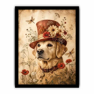 Whimsical retriever with floral hat