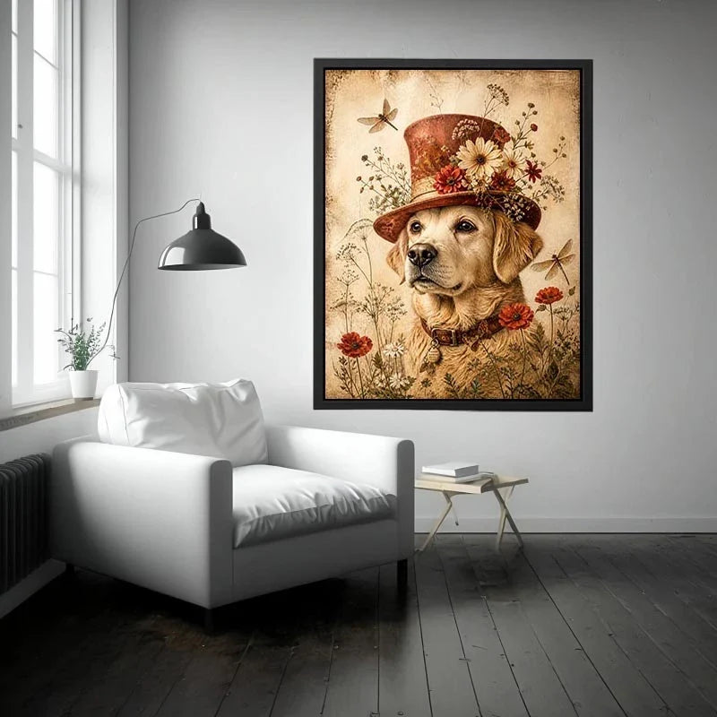 Whimsical retriever with floral hat
