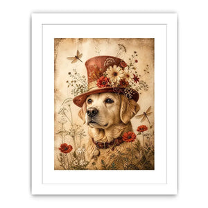 Whimsical retriever with floral hat