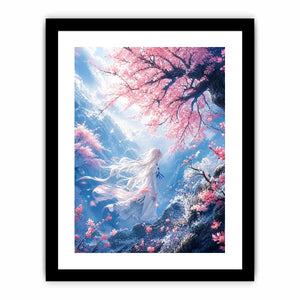 Mystical windswept cliff under sakura blossoms