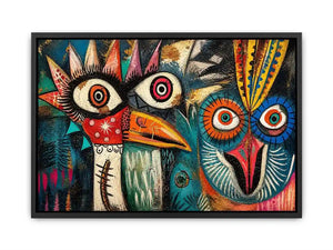 Bold tribal bird faces in color