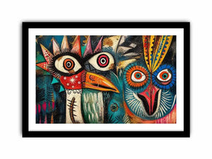 Bold tribal bird faces in color
