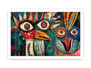Bold tribal bird faces in color