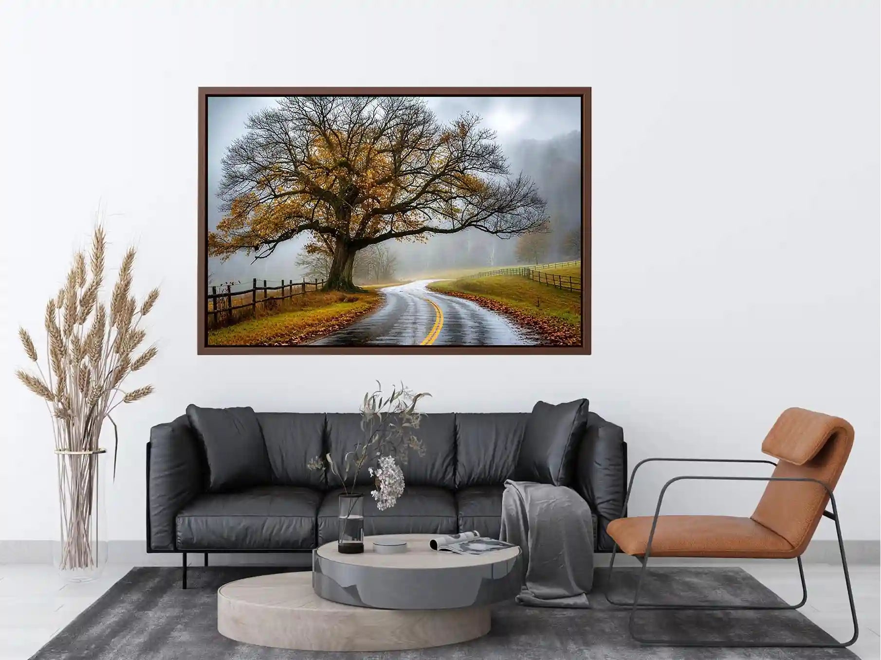 Mist-covered autumn road and tree