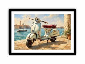 Serene Italian waterfront with vintage Vespa