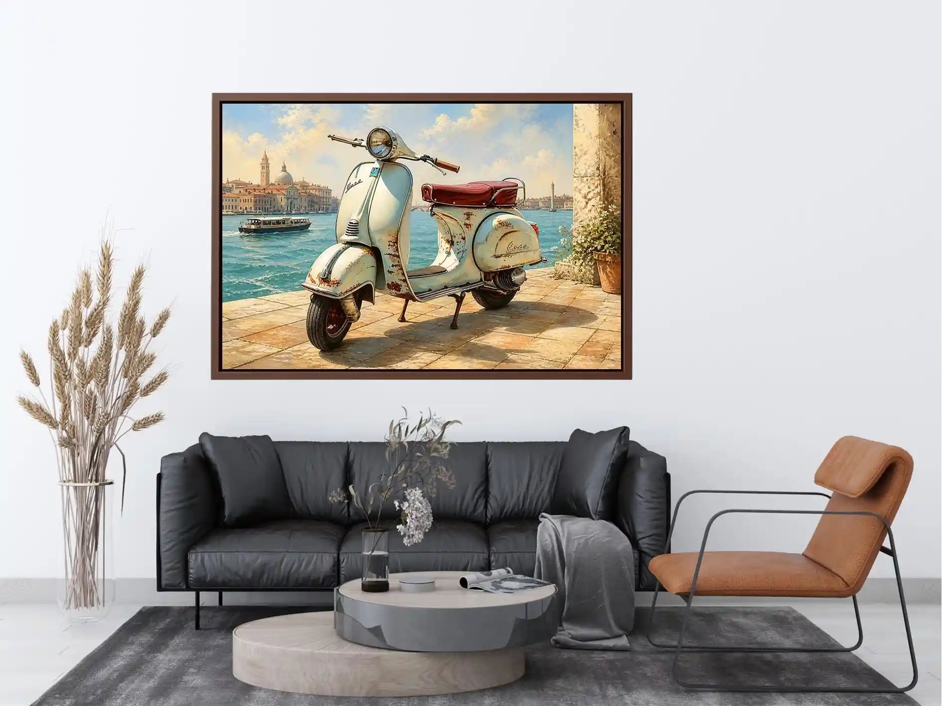 Serene Italian waterfront with vintage Vespa