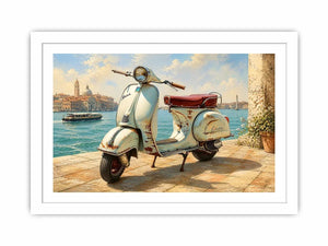 Serene Italian waterfront with vintage Vespa