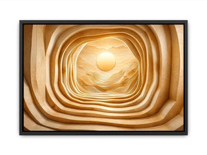 Symmetrical wood tunnel with glowing sun