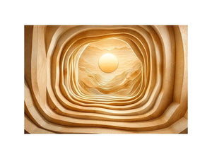 Symmetrical wood tunnel with glowing sun