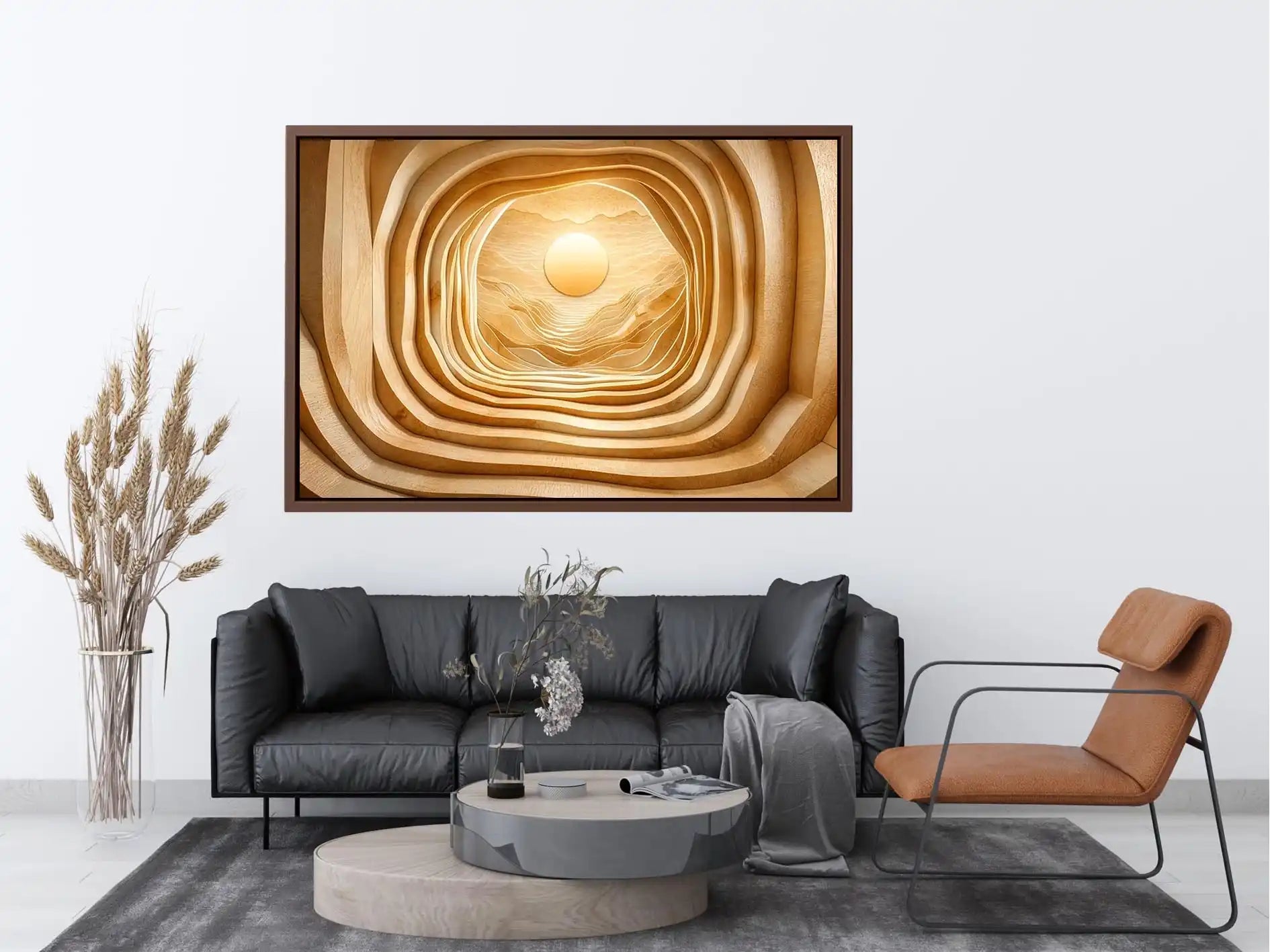 Symmetrical wood tunnel with glowing sun