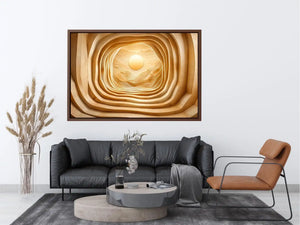 Symmetrical wood tunnel with glowing sun