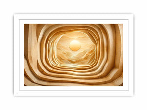 Symmetrical wood tunnel with glowing sun