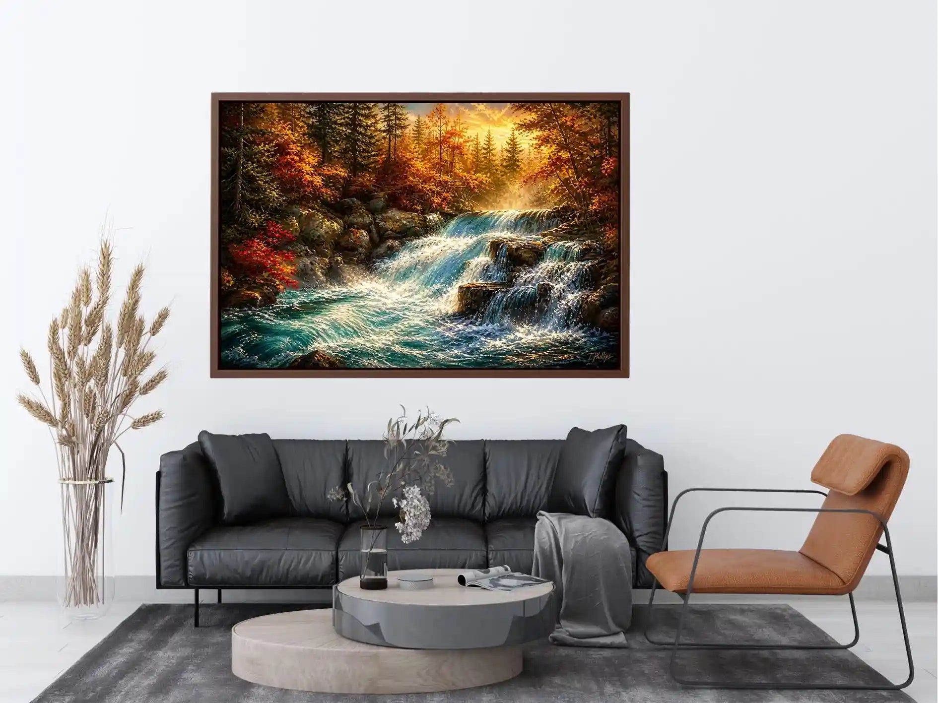 Autumn waterfall in golden light