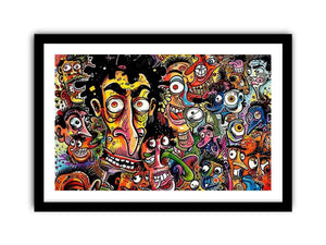 Vibrant chaos of cartoon faces