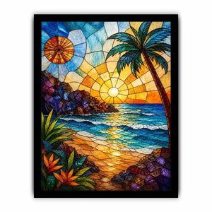 Stained-glass tropical sunset scene