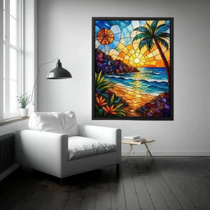 Stained-glass tropical sunset scene