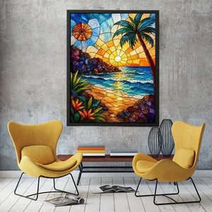 Stained-glass tropical sunset scene