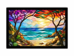 Stained-glass coastal sunrise view
