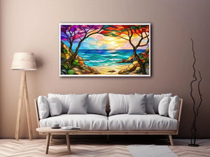 Stained-glass coastal sunrise view