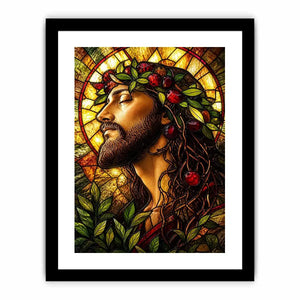 Serene saint in stained-glass glory