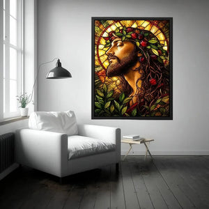 Serene saint in stained-glass glory