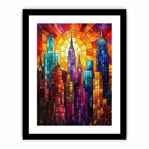 Radiant city skyline in stained glass