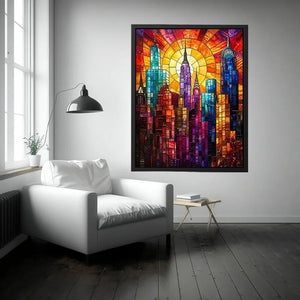 Radiant city skyline in stained glass