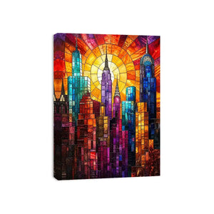 Radiant city skyline in stained glass