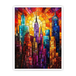 Radiant city skyline in stained glass