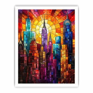 Radiant city skyline in stained glass