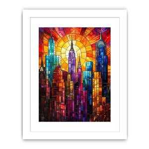 Radiant city skyline in stained glass