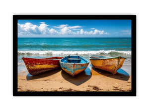 Weathered boats on a sunlit beach