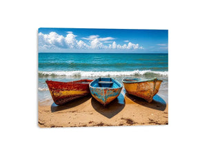Weathered boats on a sunlit beach