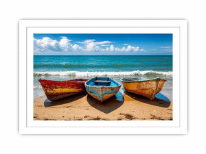 Weathered boats on a sunlit beach