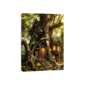Whimsical treehouse in sunlit forest